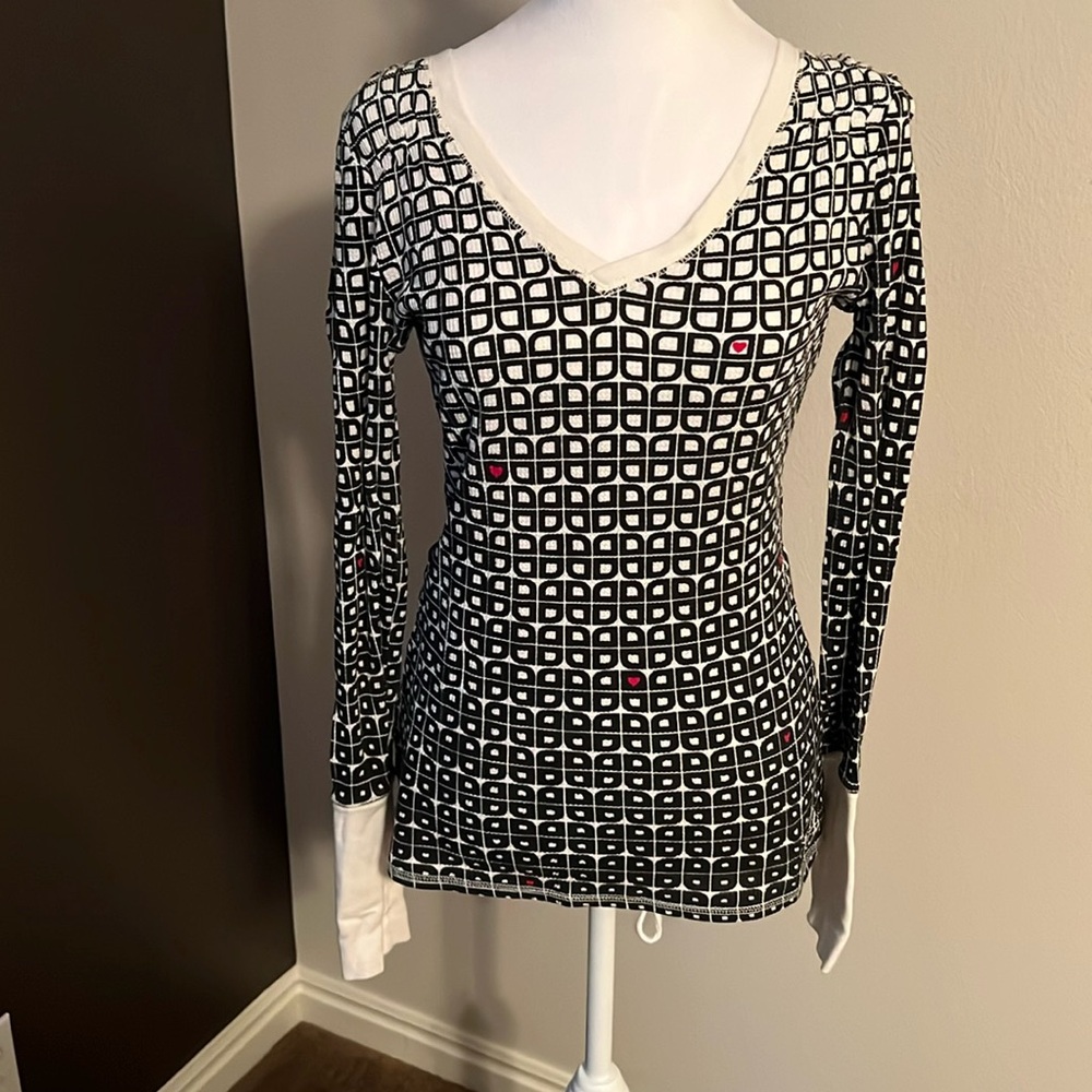 ROXY v-neck pullover Henley long sleeve checked with hearts size Large slim fit